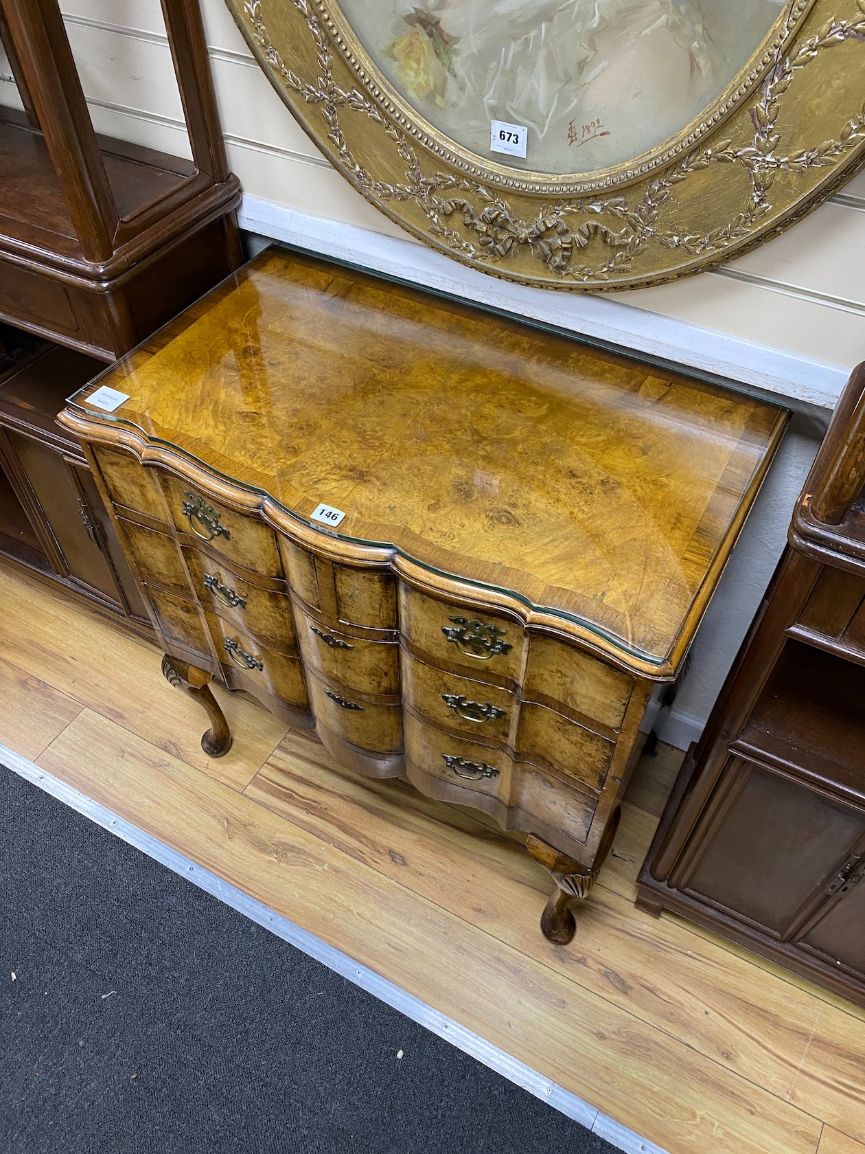 A Queen Anne revival burr walnut serpentine chest of drawers, width 75cm, depth 44cm, height 80cm